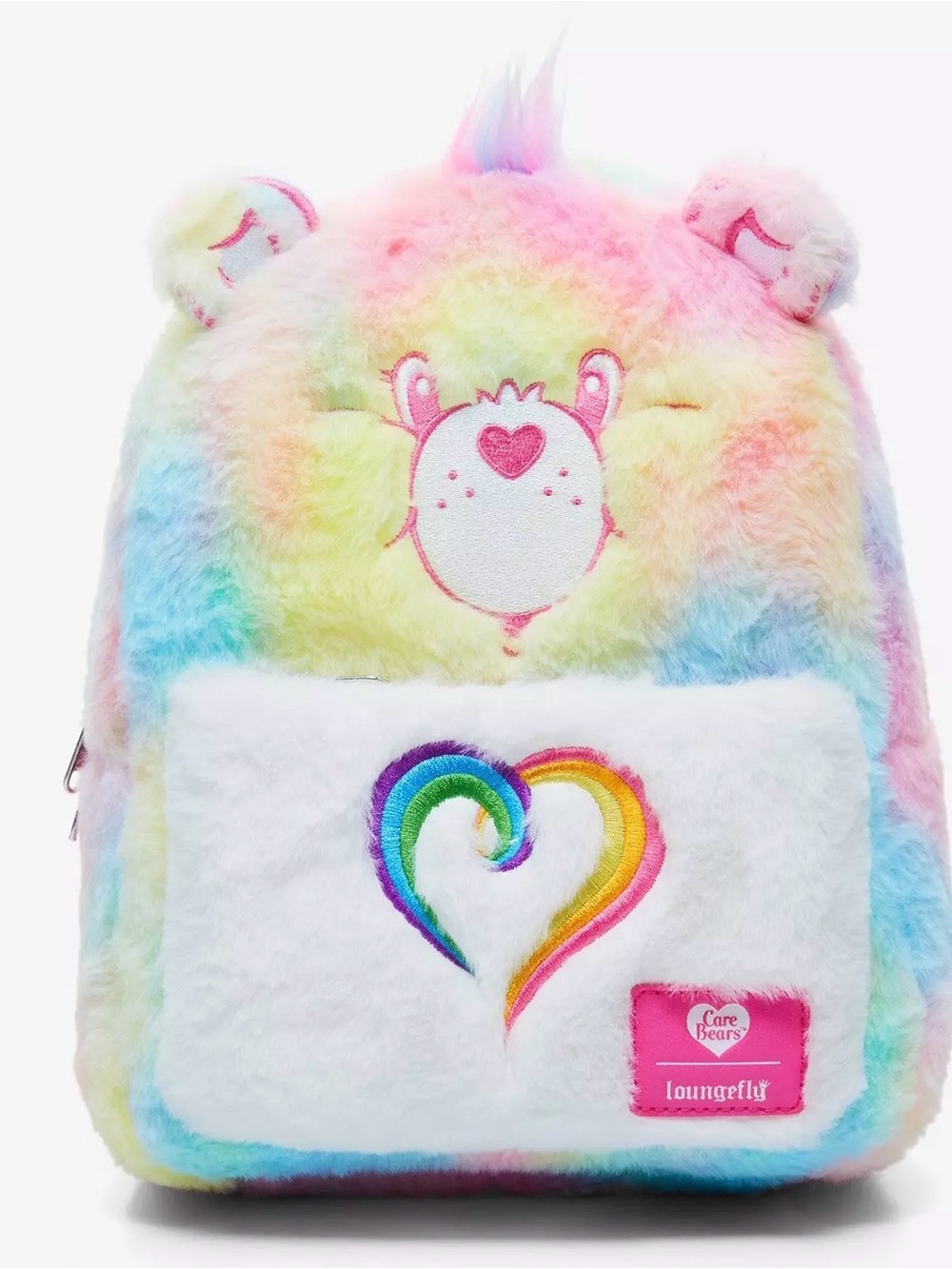 LOUNGEFLY Care Bears Pastel Rainbow Fuzzy Mini Backoack